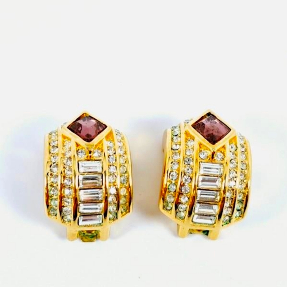 Christan Dior Gold Plated Earrings Clip On With Crystal / Amethyst  Repaired - Picture 4 of 16